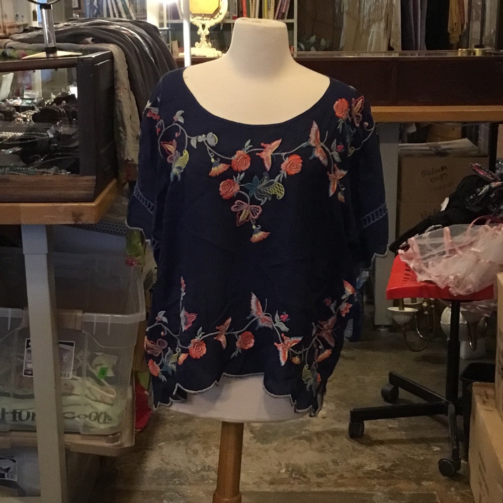 0268 Johnny Was Navy Embroidered Floral Blouse; EUC size L